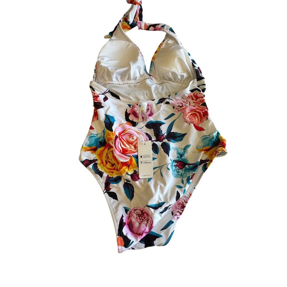 Cupshe Womens Floral and Striped Halter One Piece Swimsuit White Black Large NEW - Picture 3 of 4